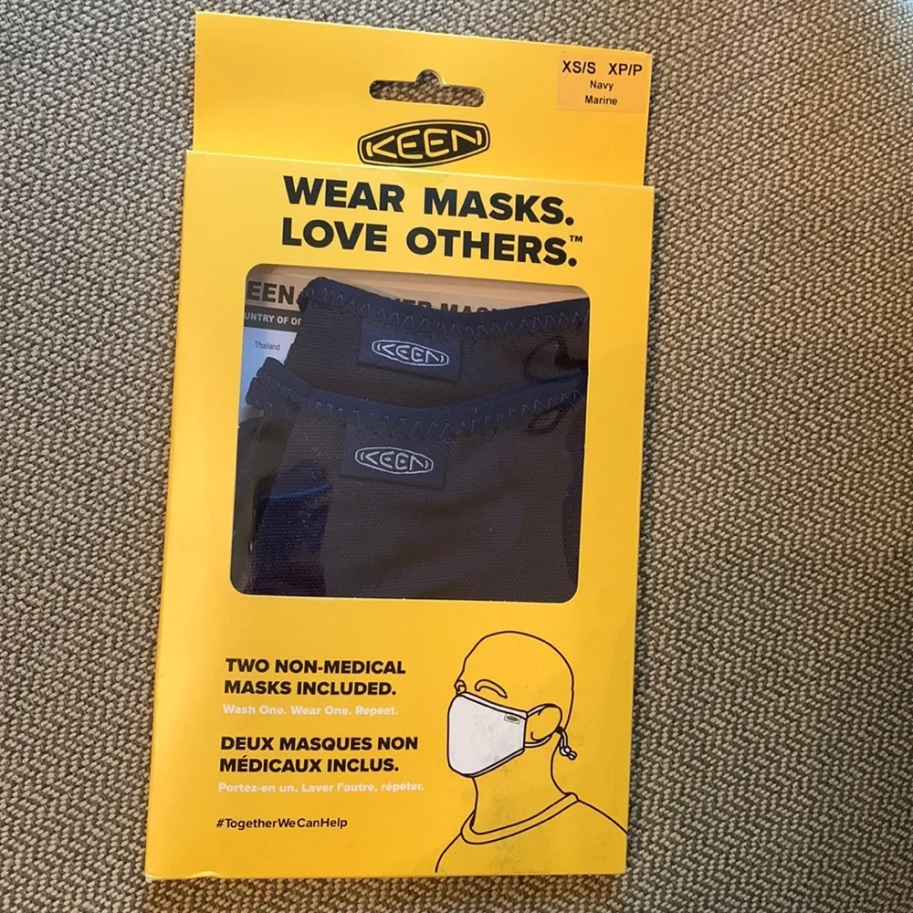 New set of 2 KEEN Together XS / S canvas navy blue face masks ties adjustable